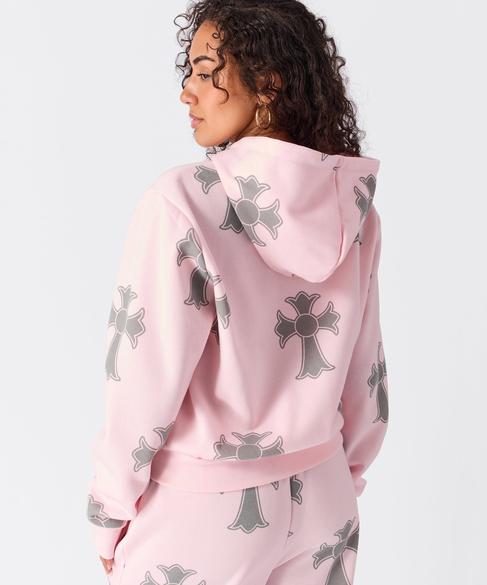 Women Bad Habits Rhinestones Cropped Hoodie - Pink