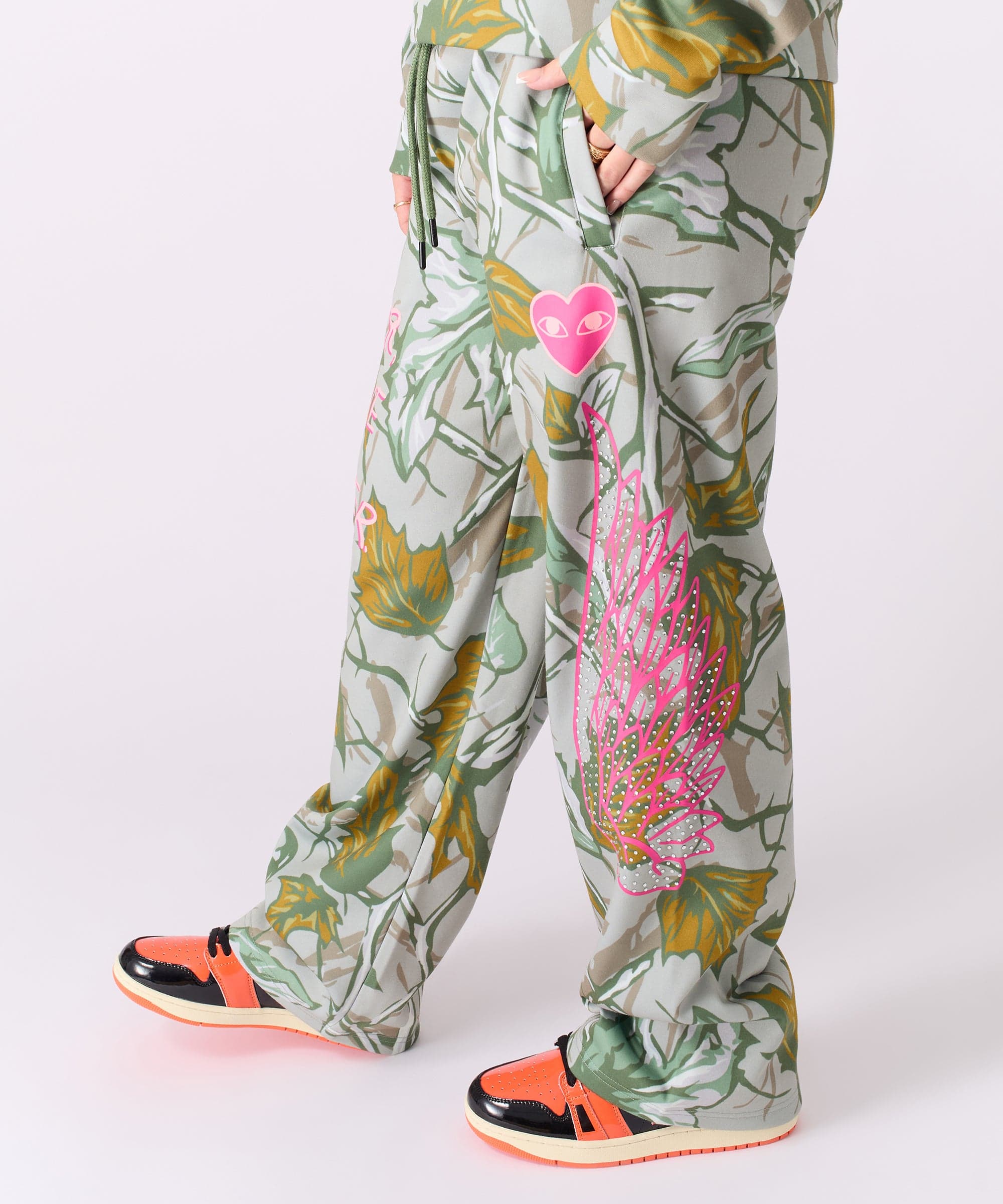 Women Fly High Rhinestone Fleece Pants - Olive Green