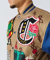 Paper Chaser Chenille Patched Varsity Jacket - Khaki