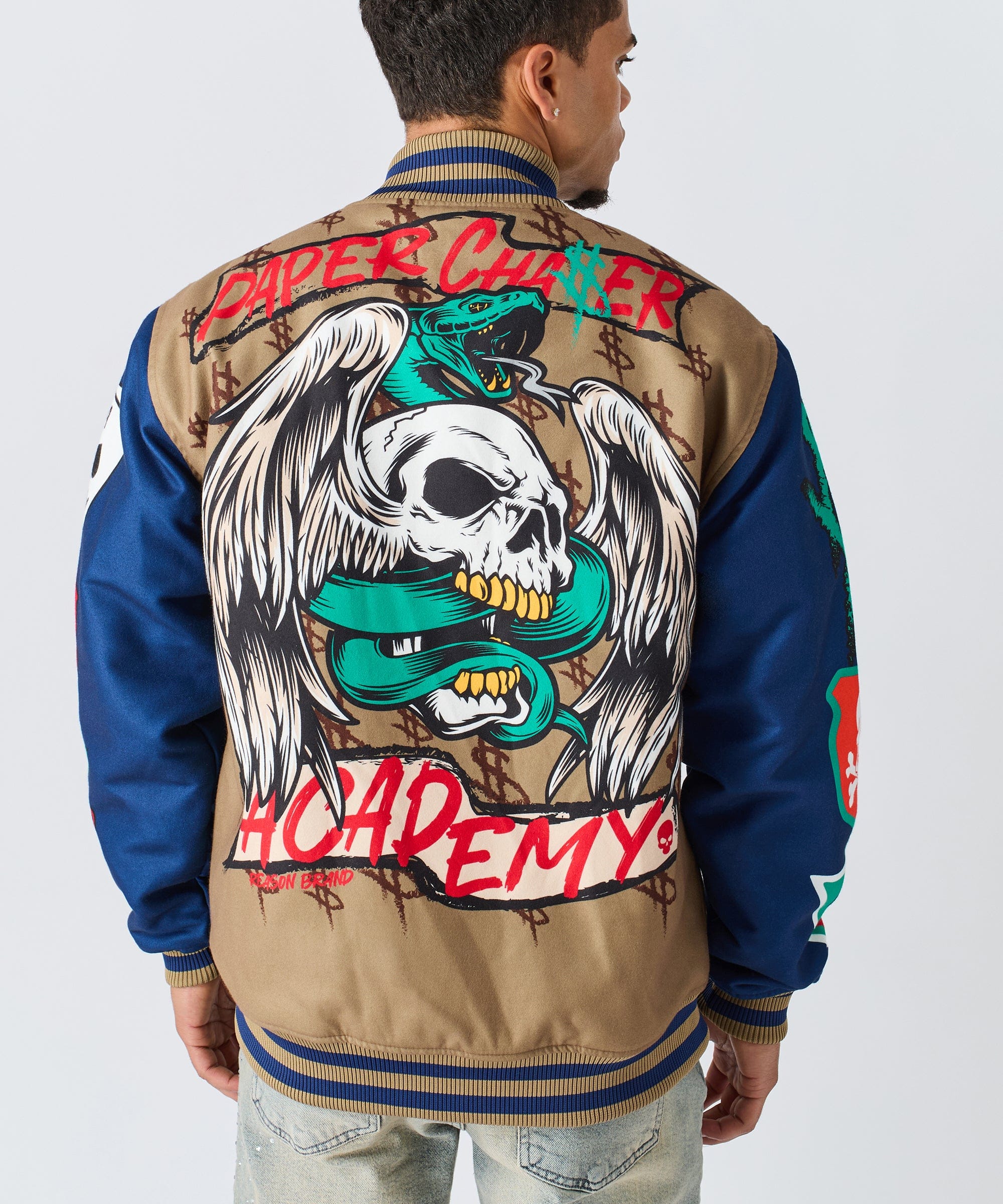 Paper Chaser Chenille Patched Varsity Jacket - Khaki