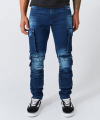 Washed Fade Cargo Denim Pant - Dark Blue