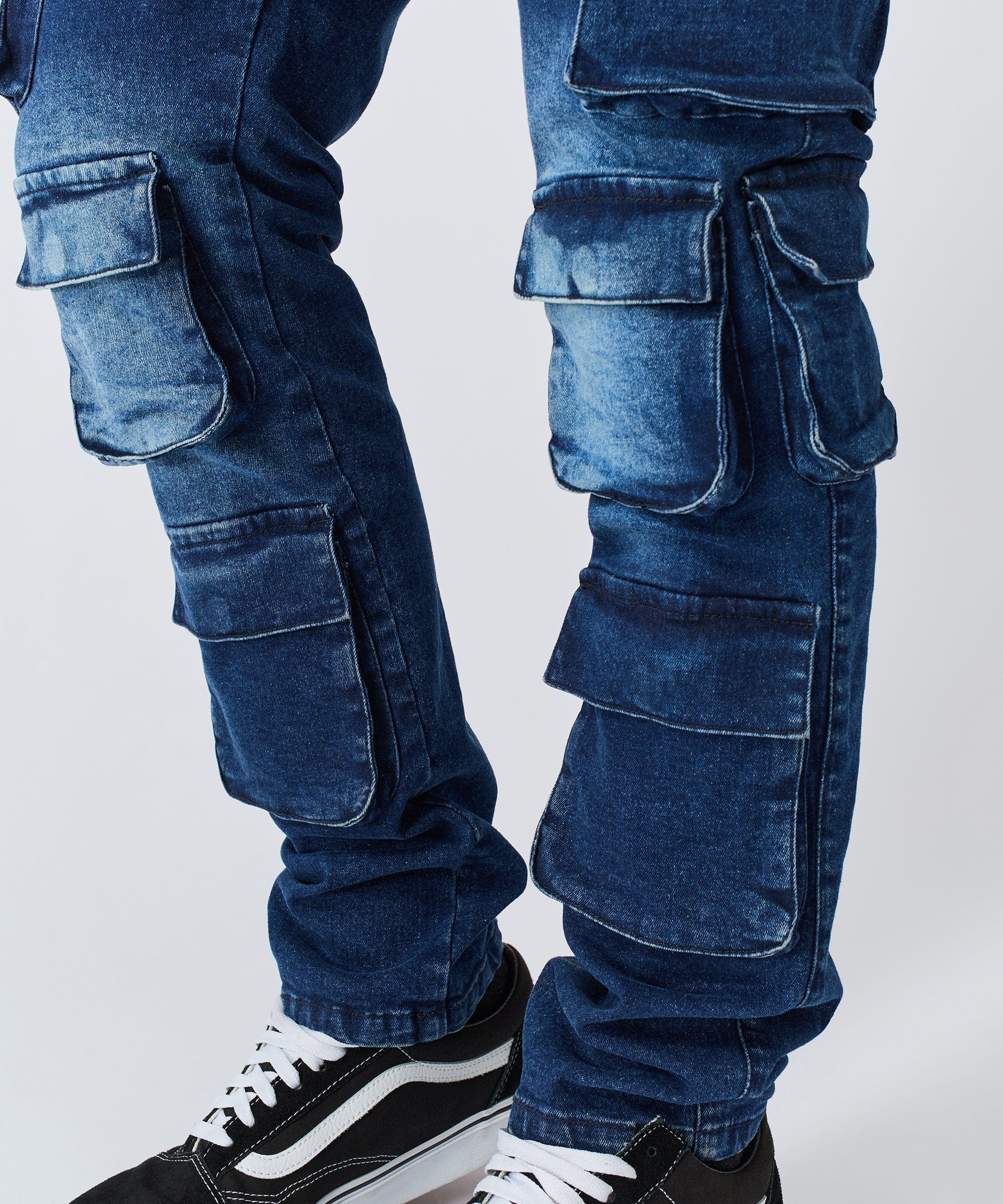 Washed Fade Cargo Denim Pant - Dark Blue