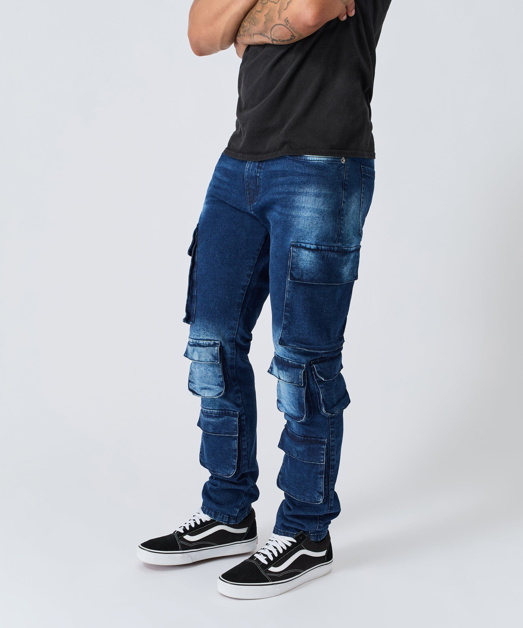 Washed Fade Cargo Denim Pant - Dark Blue