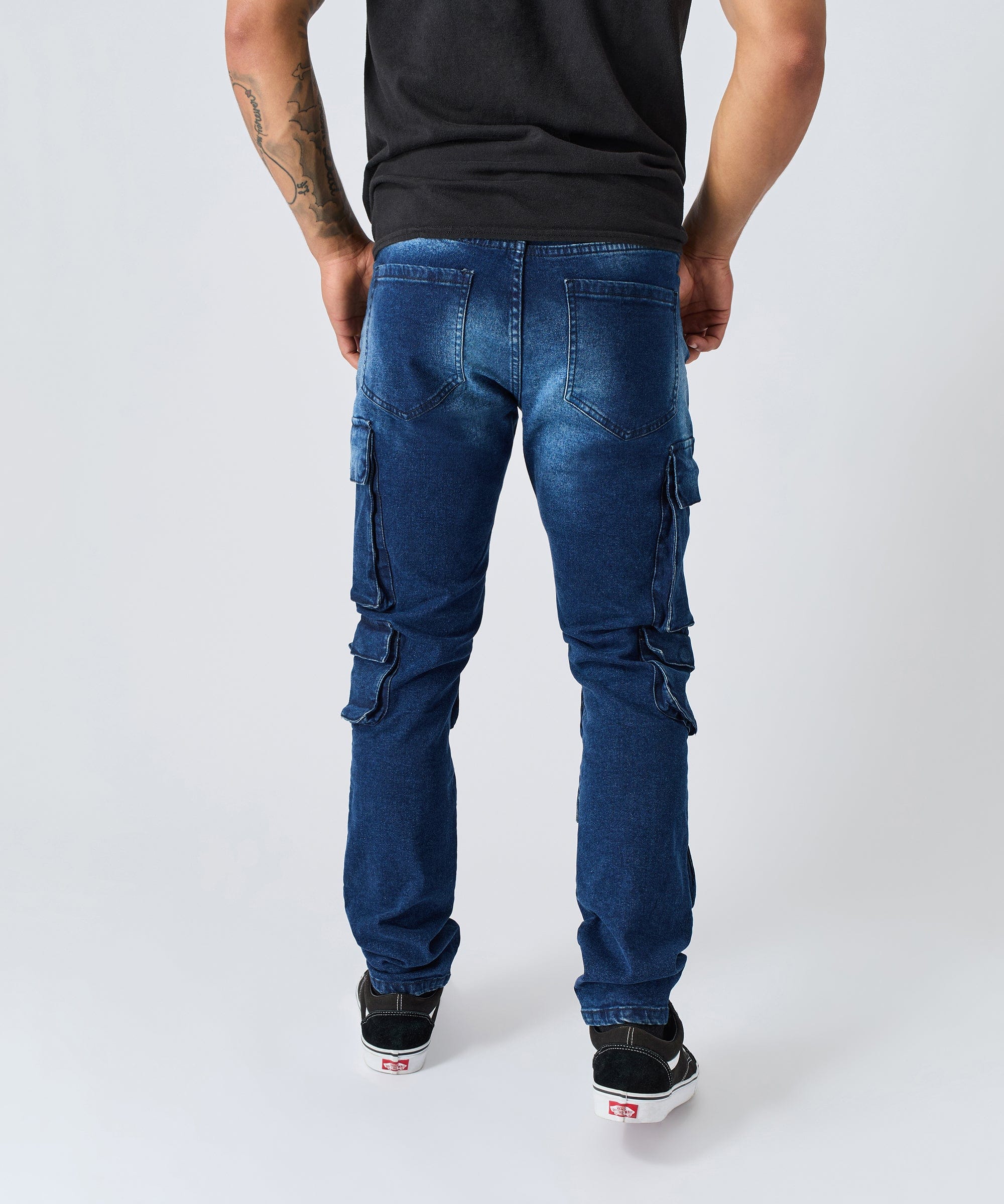 Washed Fade Cargo Denim Pant - Dark Blue