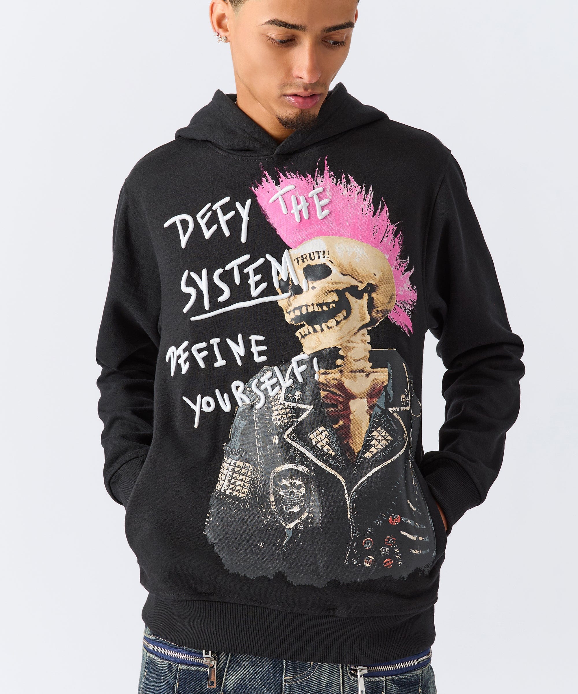 Defy The System Embroidered Hoodie - Black