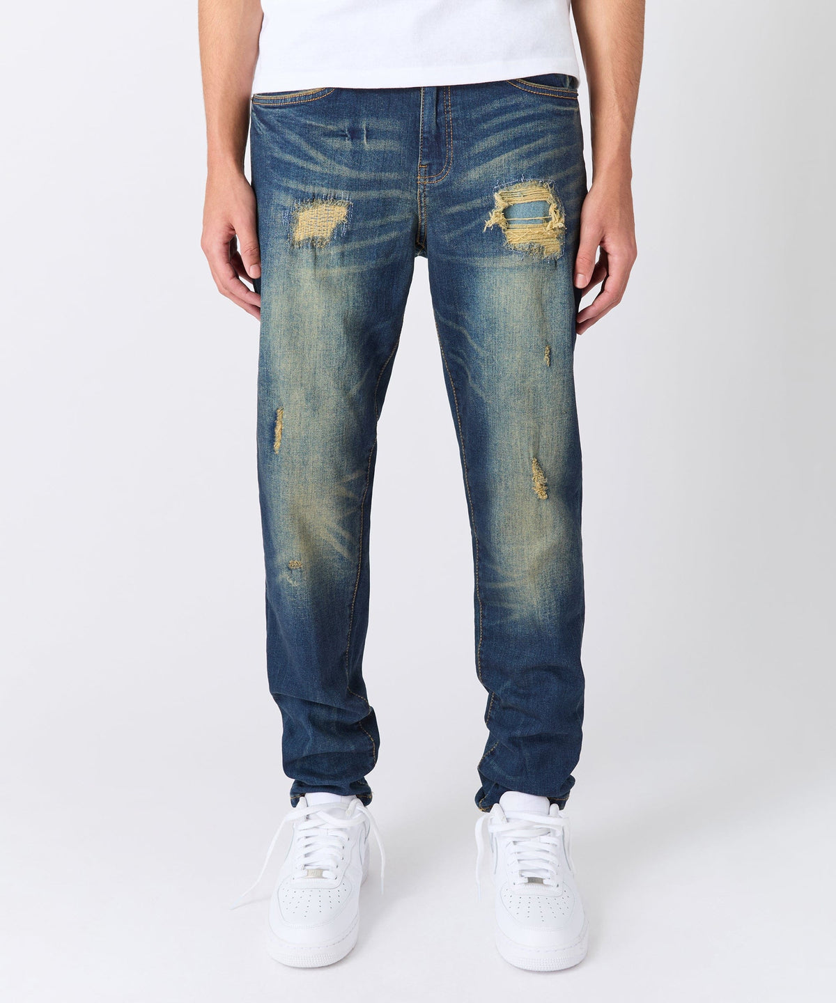 Indigo Washed Tint Rip And Repair Denim Pants - Dark Blue