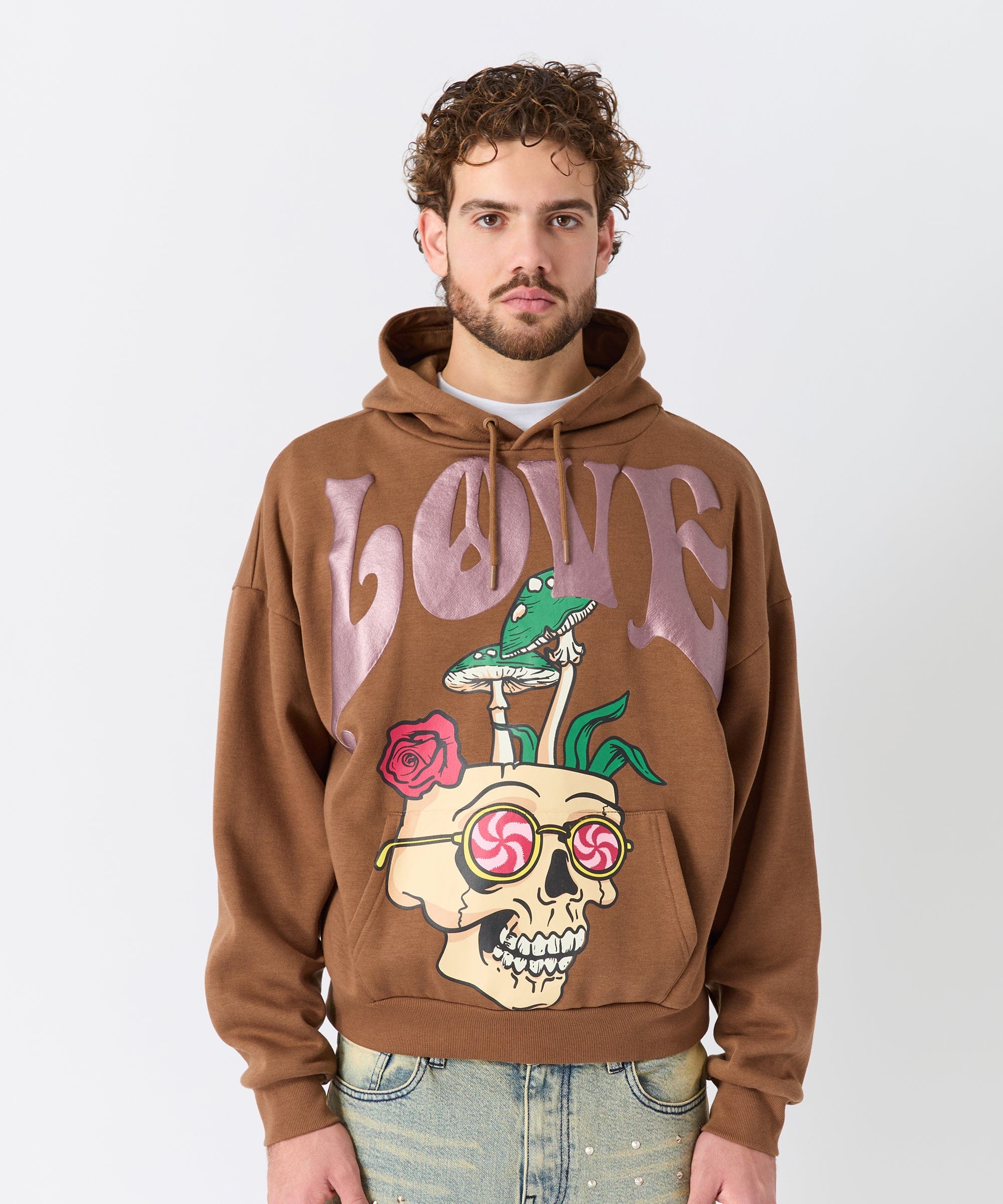Love Hate Puff Print Hoodie - Khaki