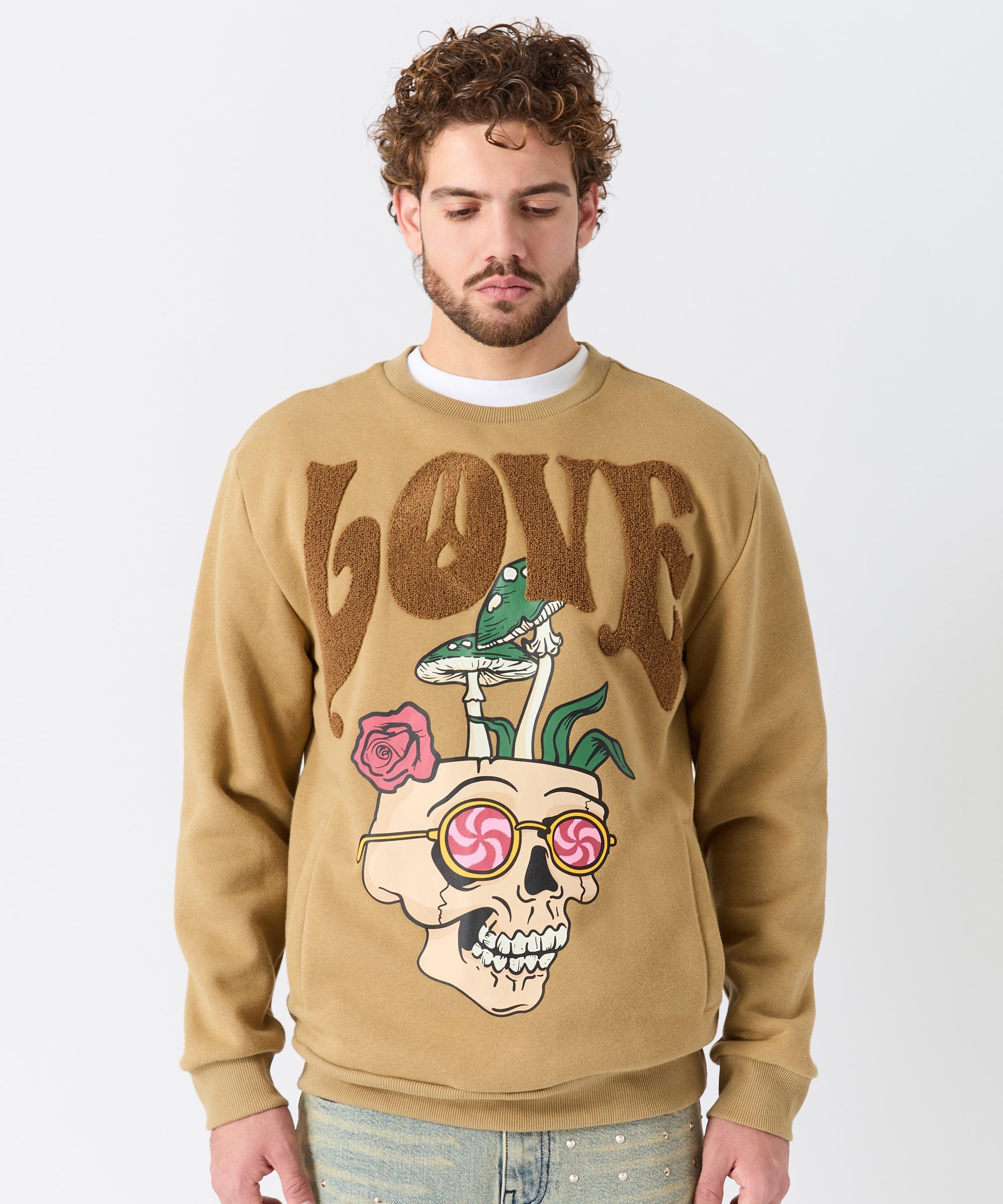 Love Hate Front And Back Chenille Patched Crewneck - Khaki