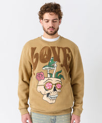 Love Hate Front And Back Chenille Patched Crewneck - Khaki