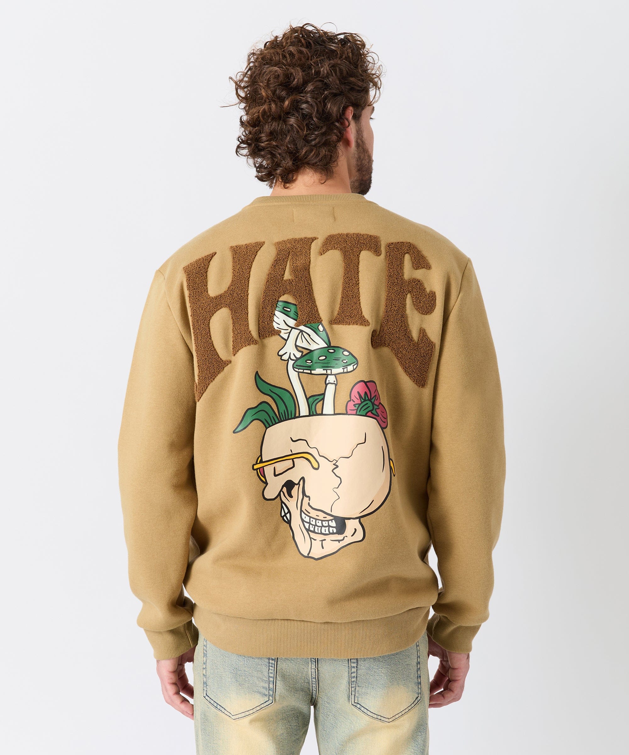 Love Hate Front And Back Chenille Patched Crewneck - Khaki