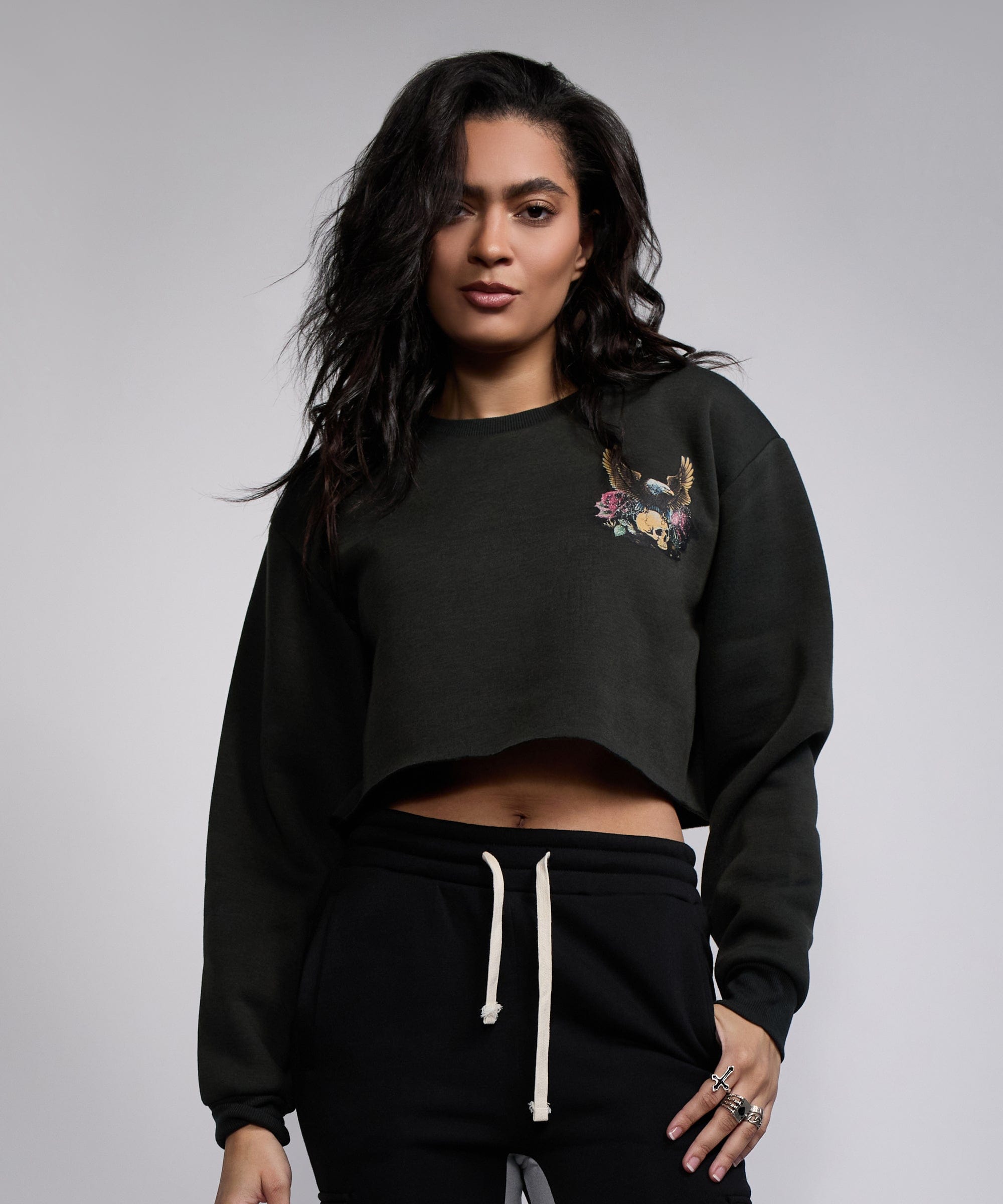 Women Wild One Cropped Crewneck - Black