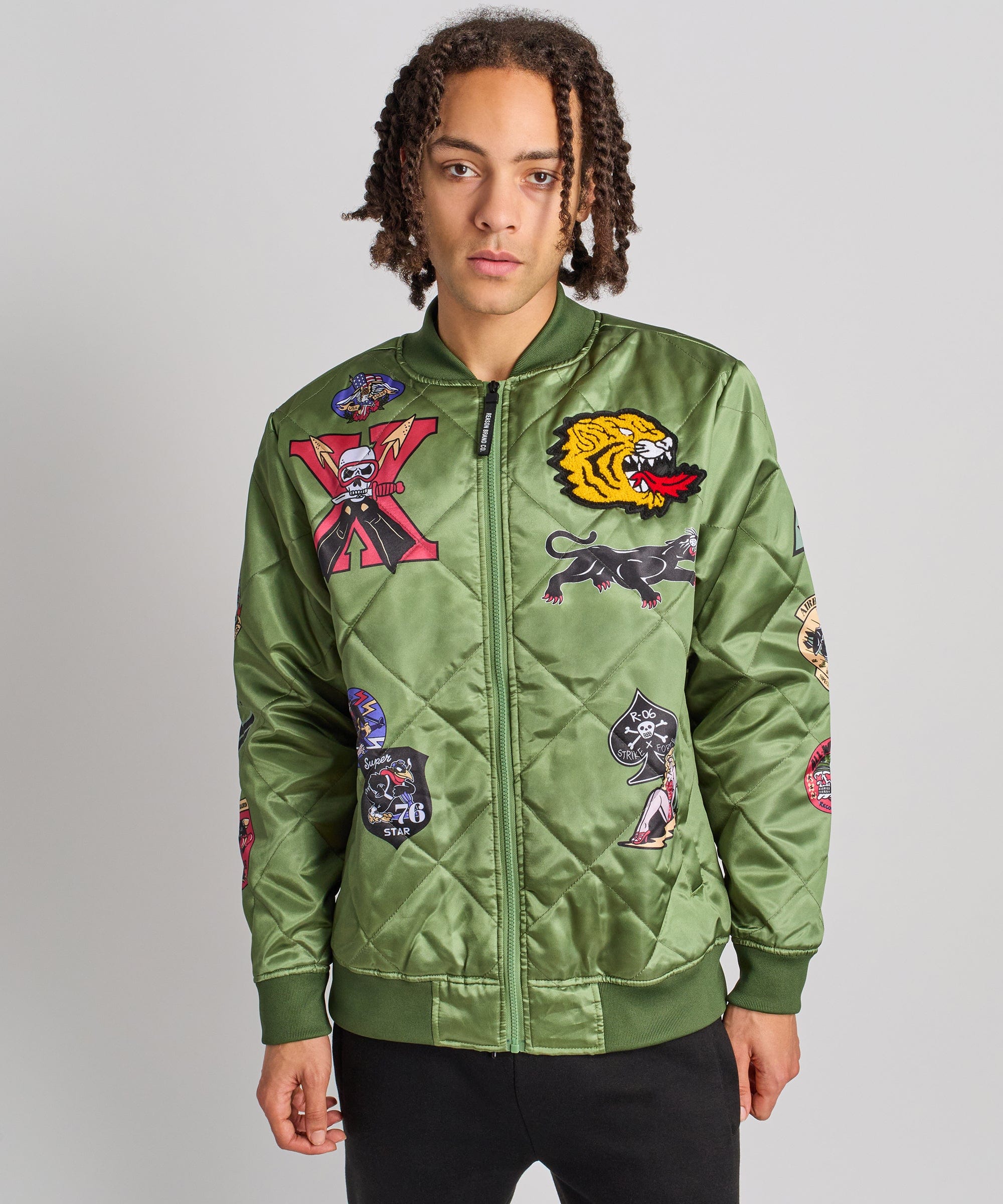 Military Satin Bomber Jacket - Olive Green