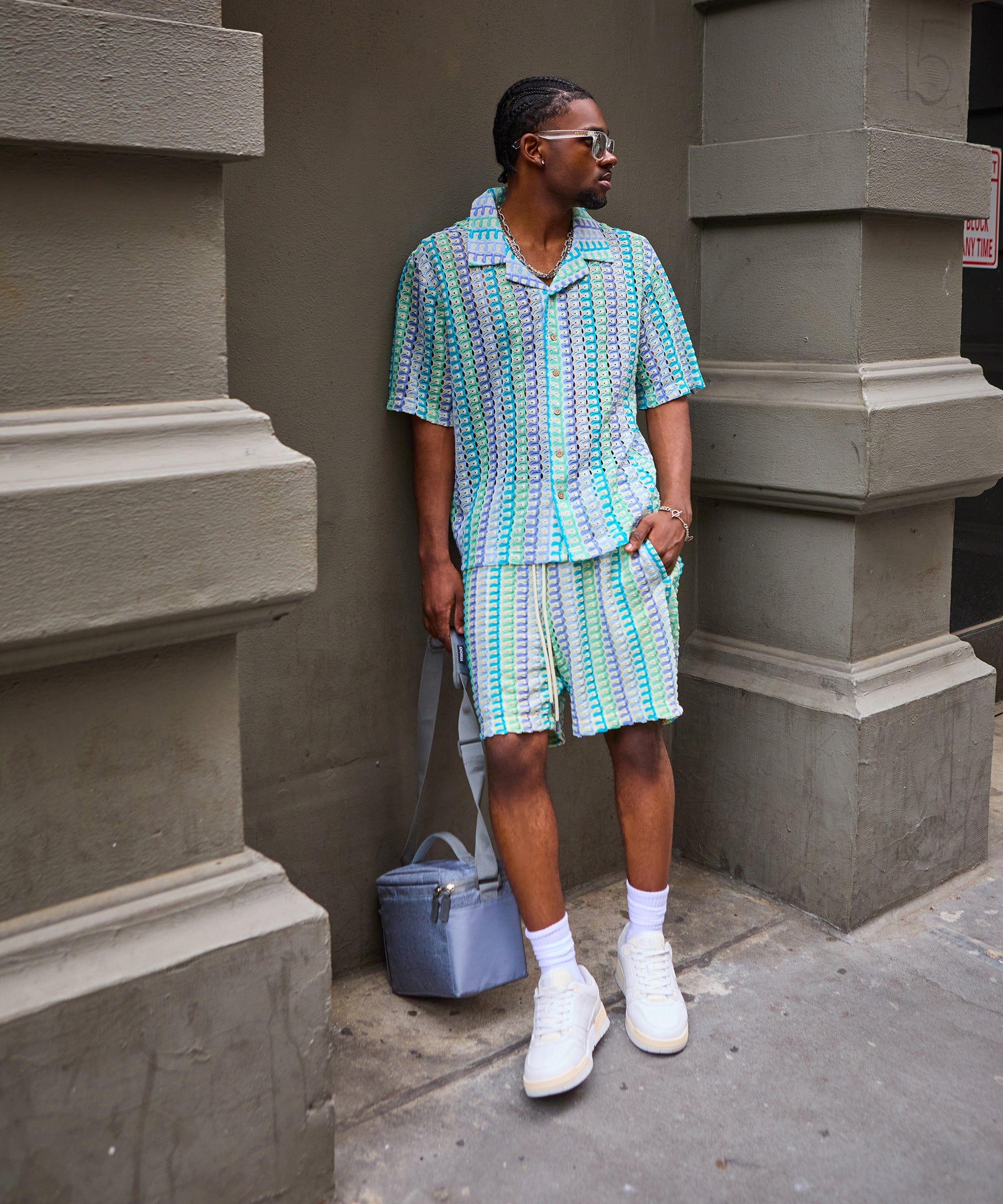 Textured Knit Short Sleeve Button Down Shirt - Light Blue