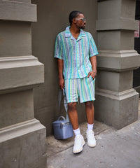 Textured Knit Short Sleeve Button Down Shirt - Light Blue