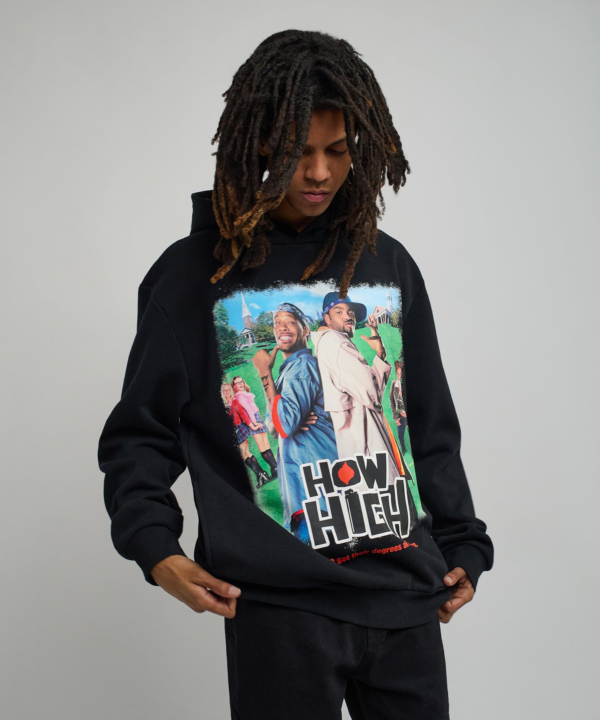 How High Oversized Front Print Hoodie - Black