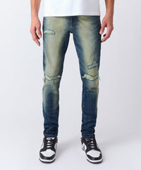 Rip and Repair Washed Denim Jeans - Medium Blue