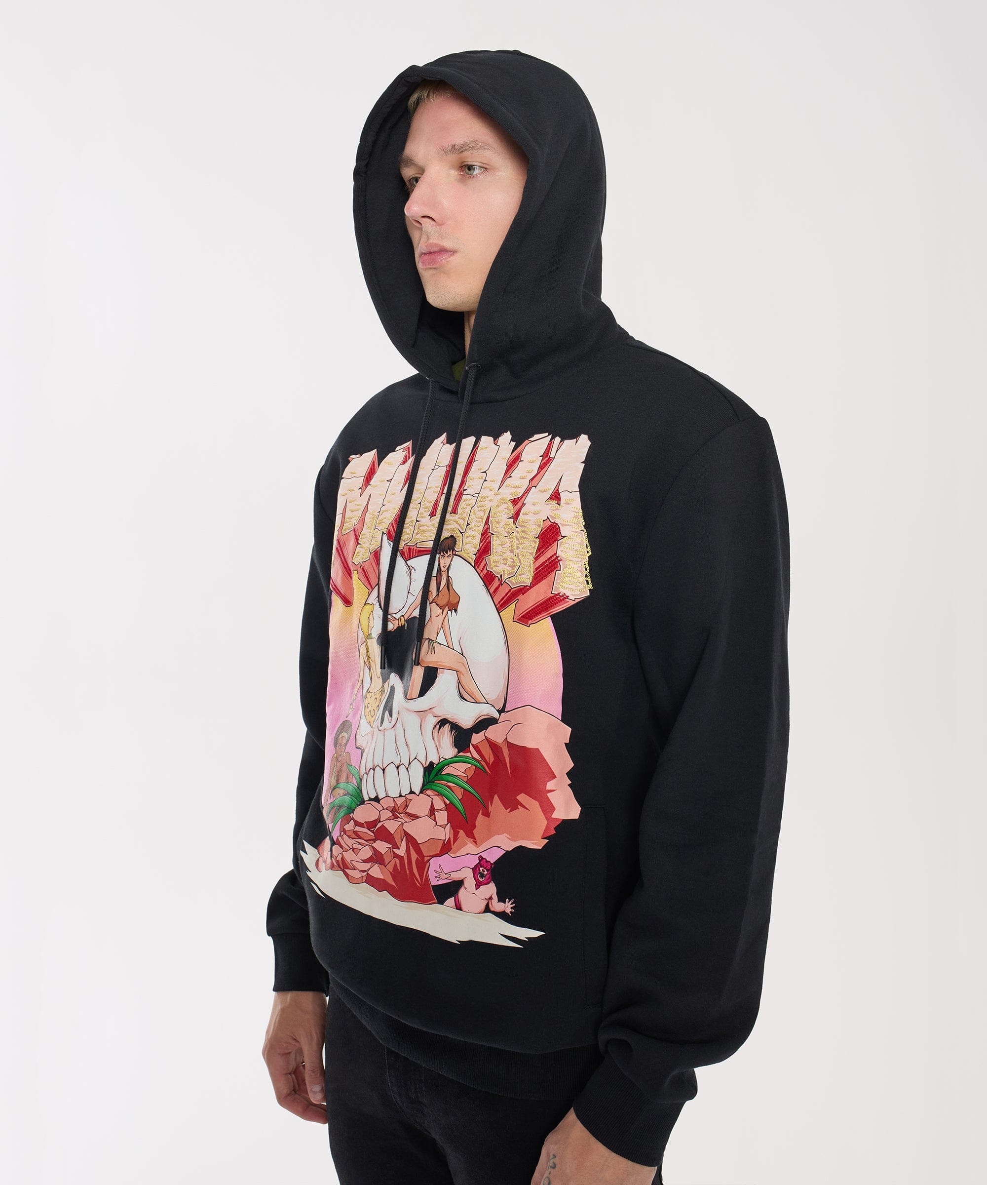 Mishka Graphic Print Embroidered Hoodie - Black