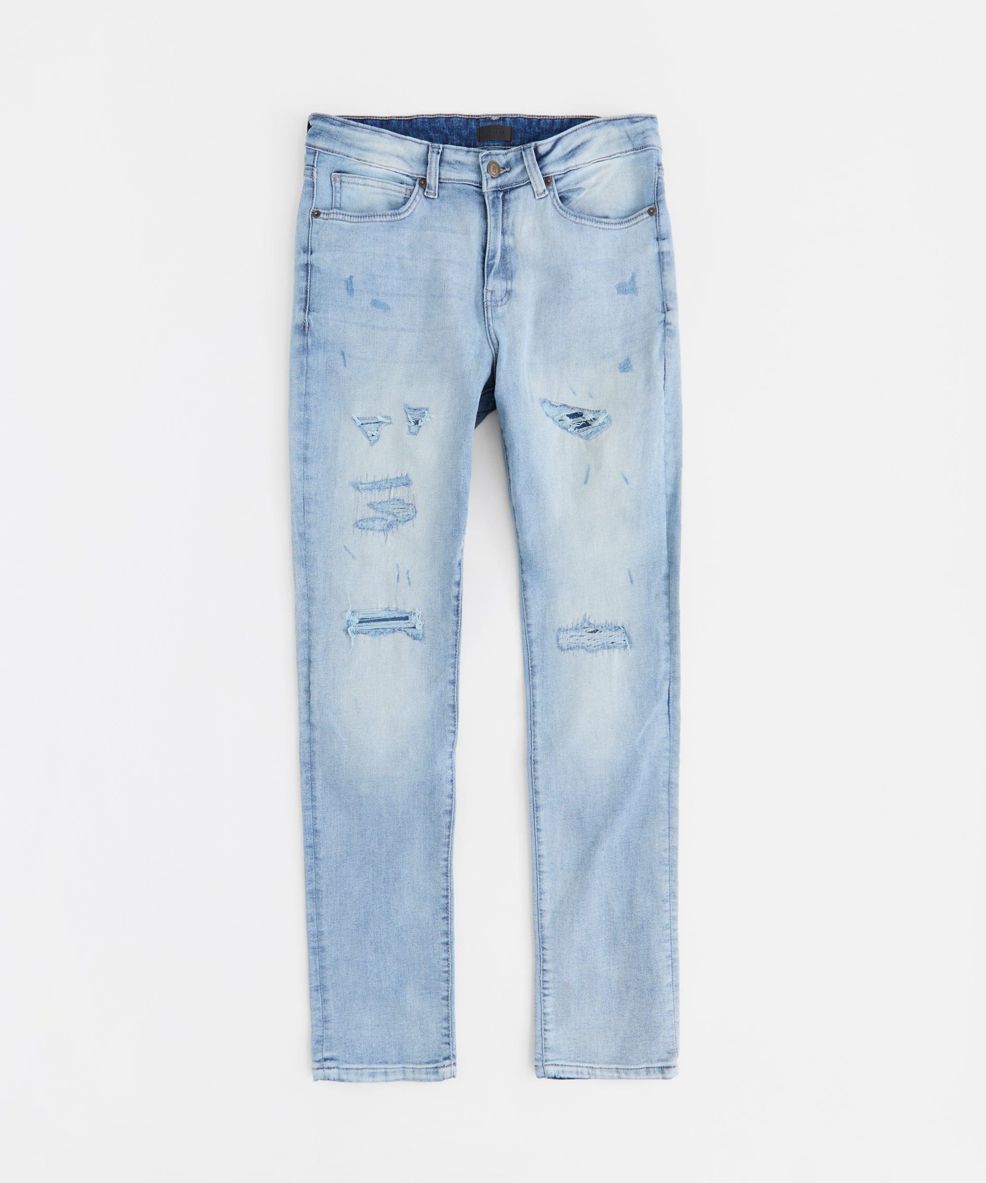 Ripped And Repaired Washed Denim Jeans - Light Blue