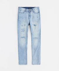 Ripped And Repaired Washed Denim Jeans - Light Blue
