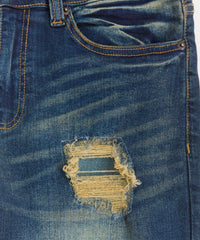 Indigo Washed Tint Rip And Repair Denim Pants - Dark Blue