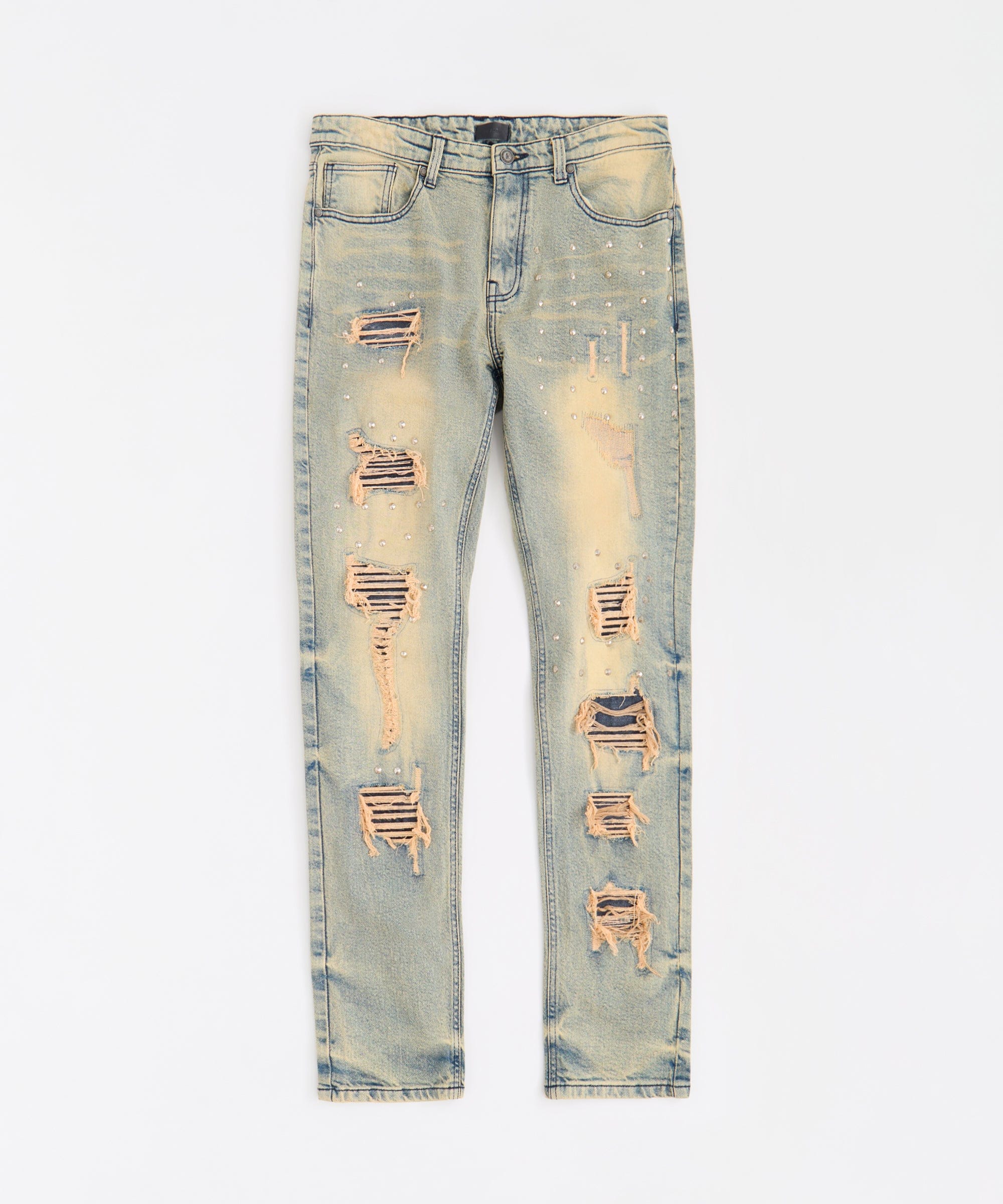 Studded Distress Denim Jeans - Blue