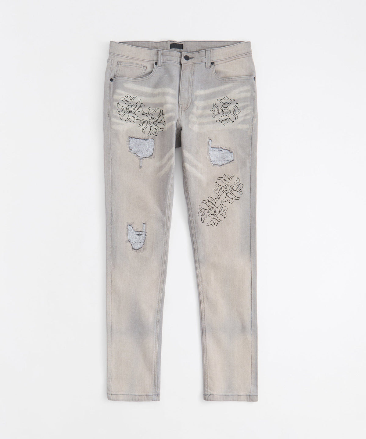 Rhinestone Cross Washed Denim Jeans - Grey