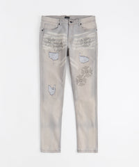 Rhinestone Cross Washed Denim Jeans - Grey