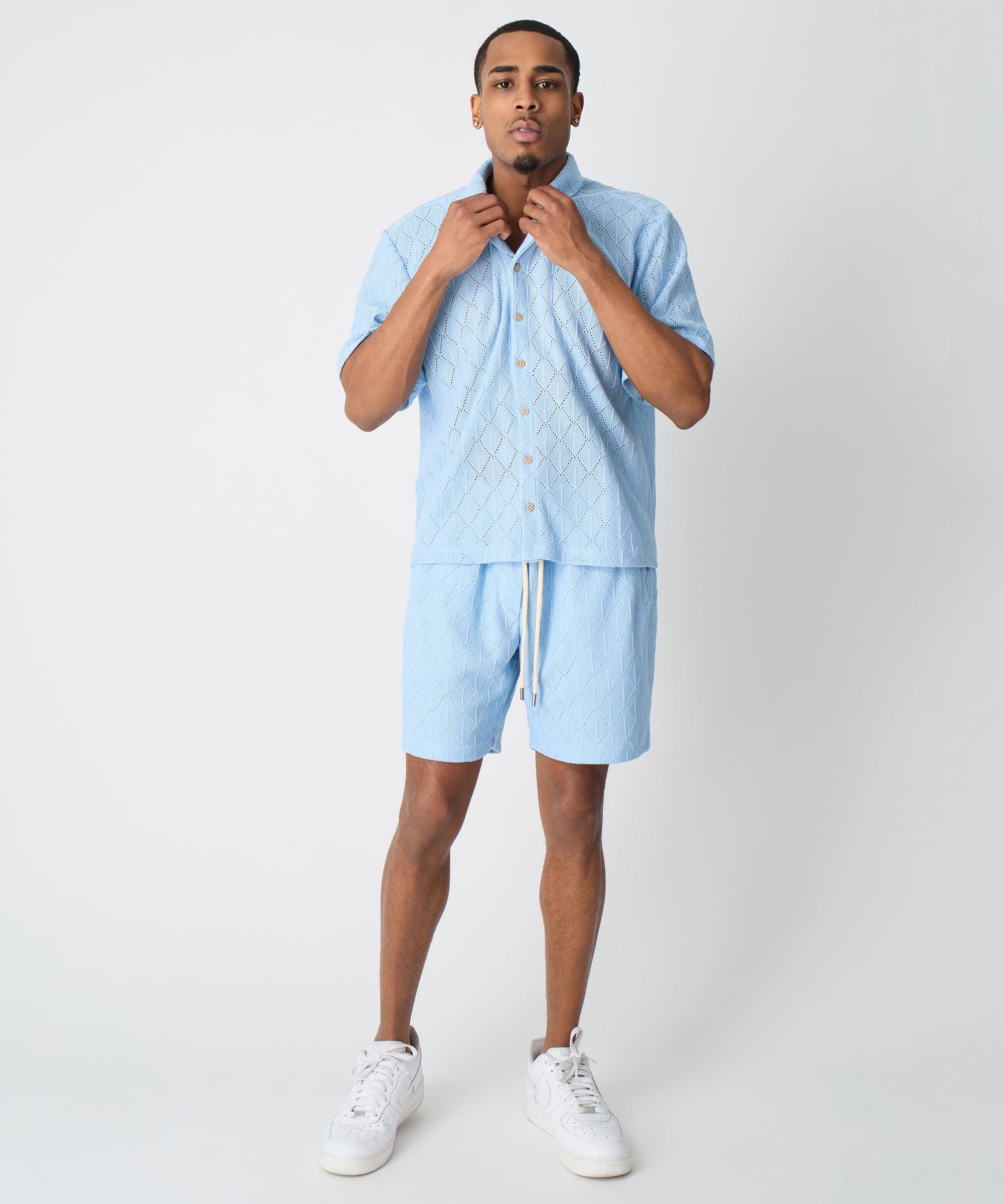 Diamond Plate Towel Color Blocked Short Sleeve Button Down Shirt - Light Blue