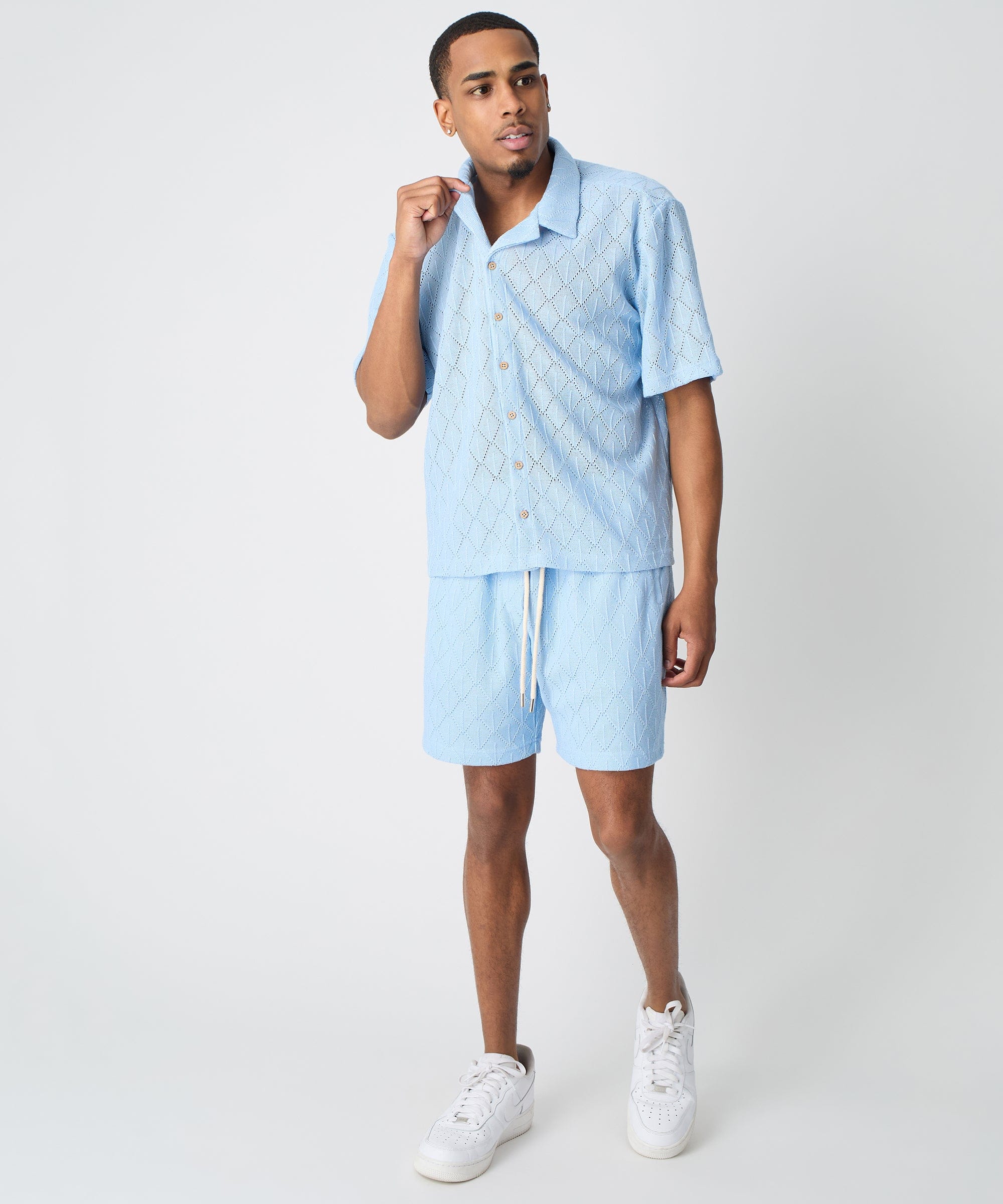 Diamond Plate Towel Color Blocked Short Sleeve Button Down Shirt - Light Blue