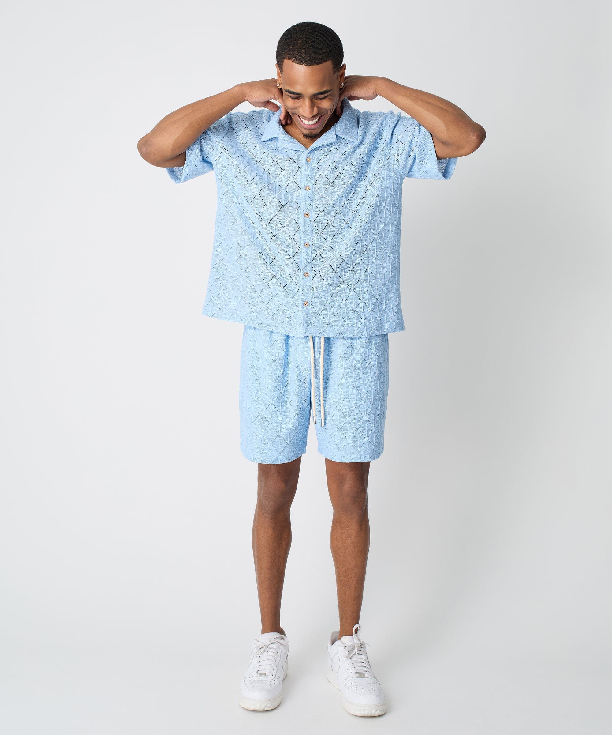 Diamond Plate Towel Color Blocked Short Sleeve Button Down Shirt - Light Blue