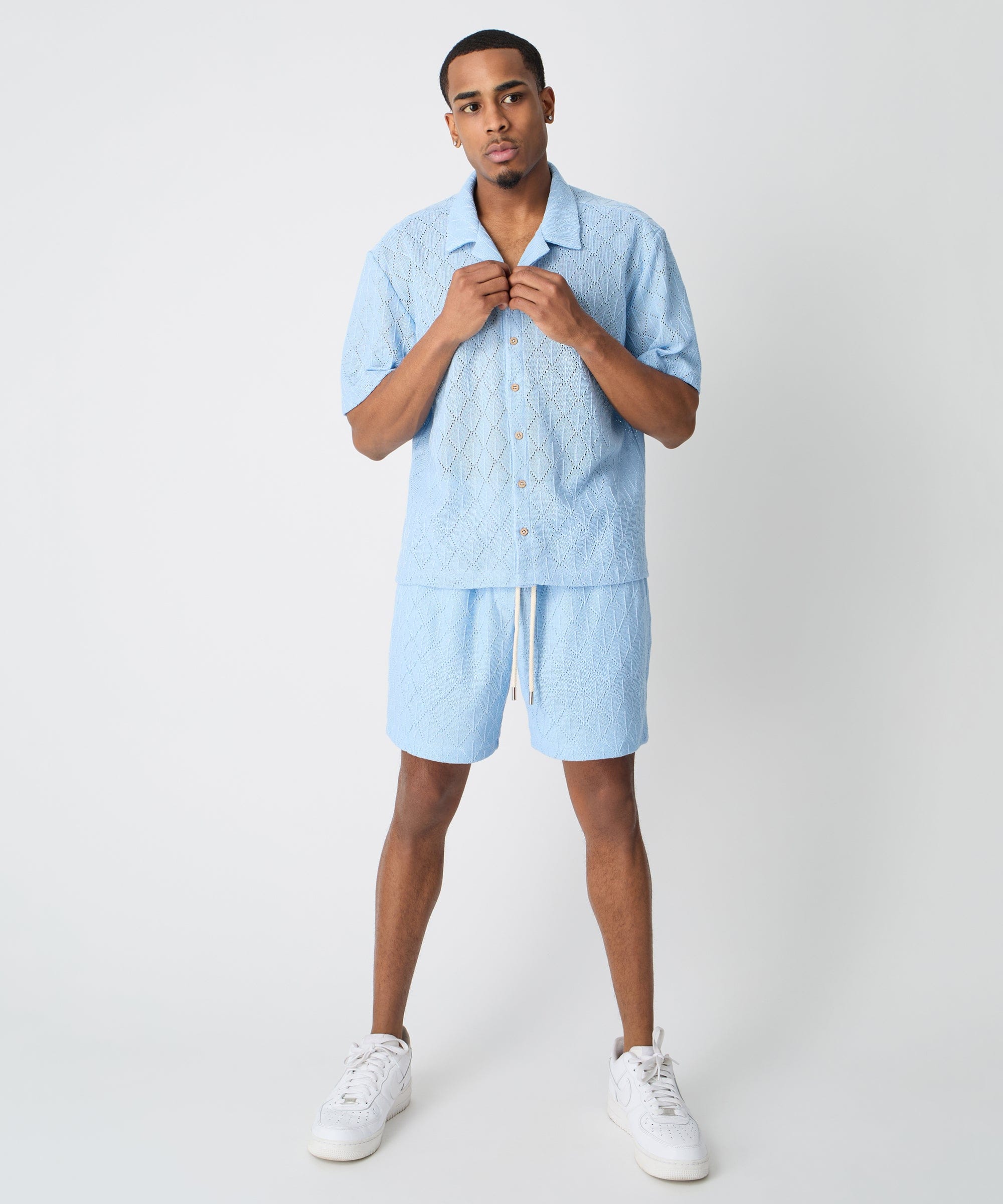Diamond Plate Towel Color Blocked Short Sleeve Button Down Shirt - Light Blue