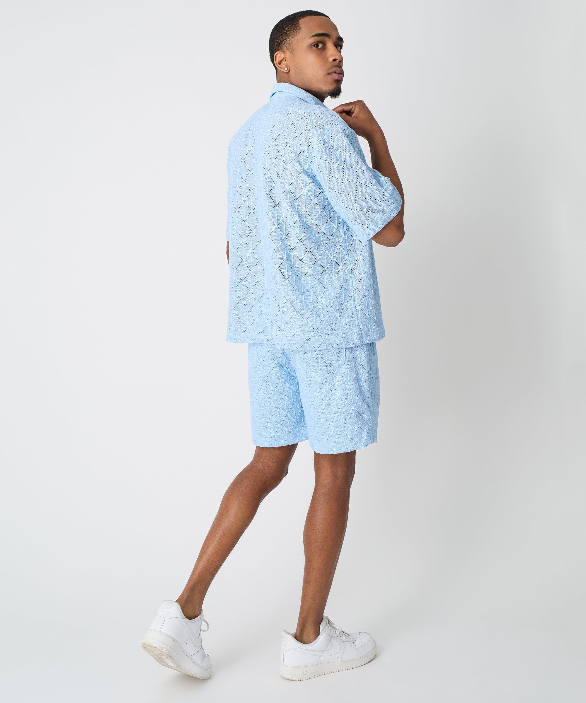 Diamond Plate Towel Color Blocked Short Sleeve Button Down Shirt - Light Blue