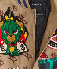 Paper Chaser Chenille Patched Varsity Jacket - Khaki