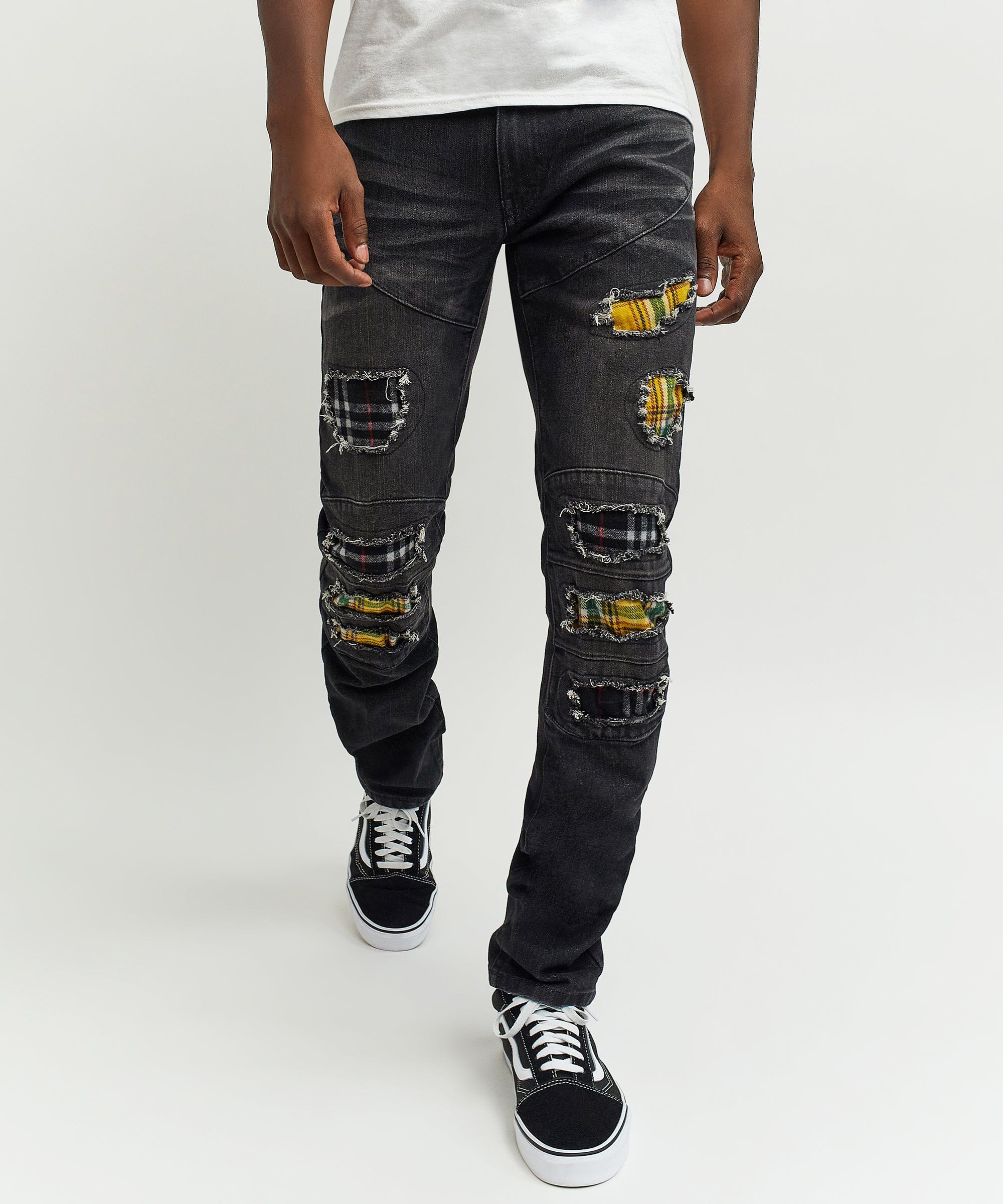 Terrance Flannel Patched Grey Wash Denim Jeans