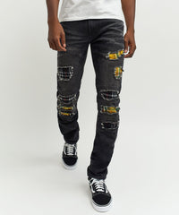 Terrance Flannel Patched Grey Wash Denim Jeans