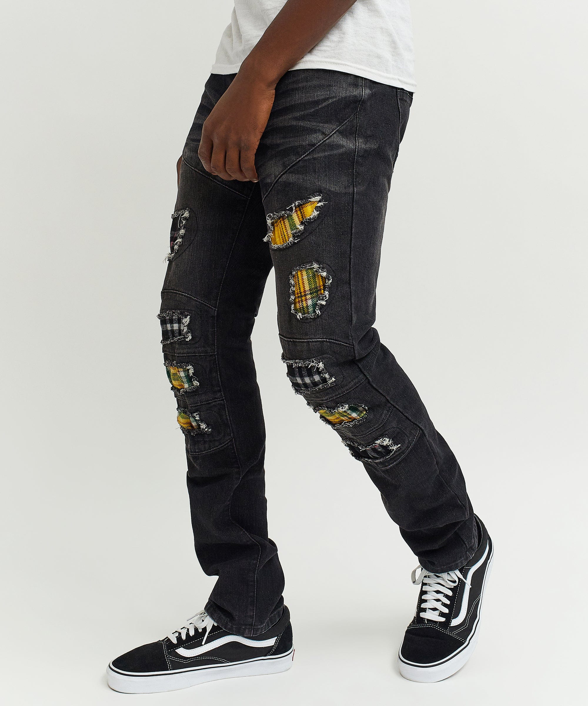Terrance Flannel Patched Grey Wash Denim Jeans