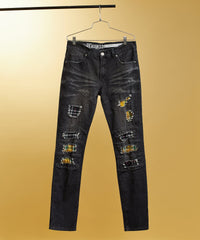 Terrance Flannel Patched Grey Wash Denim Jeans