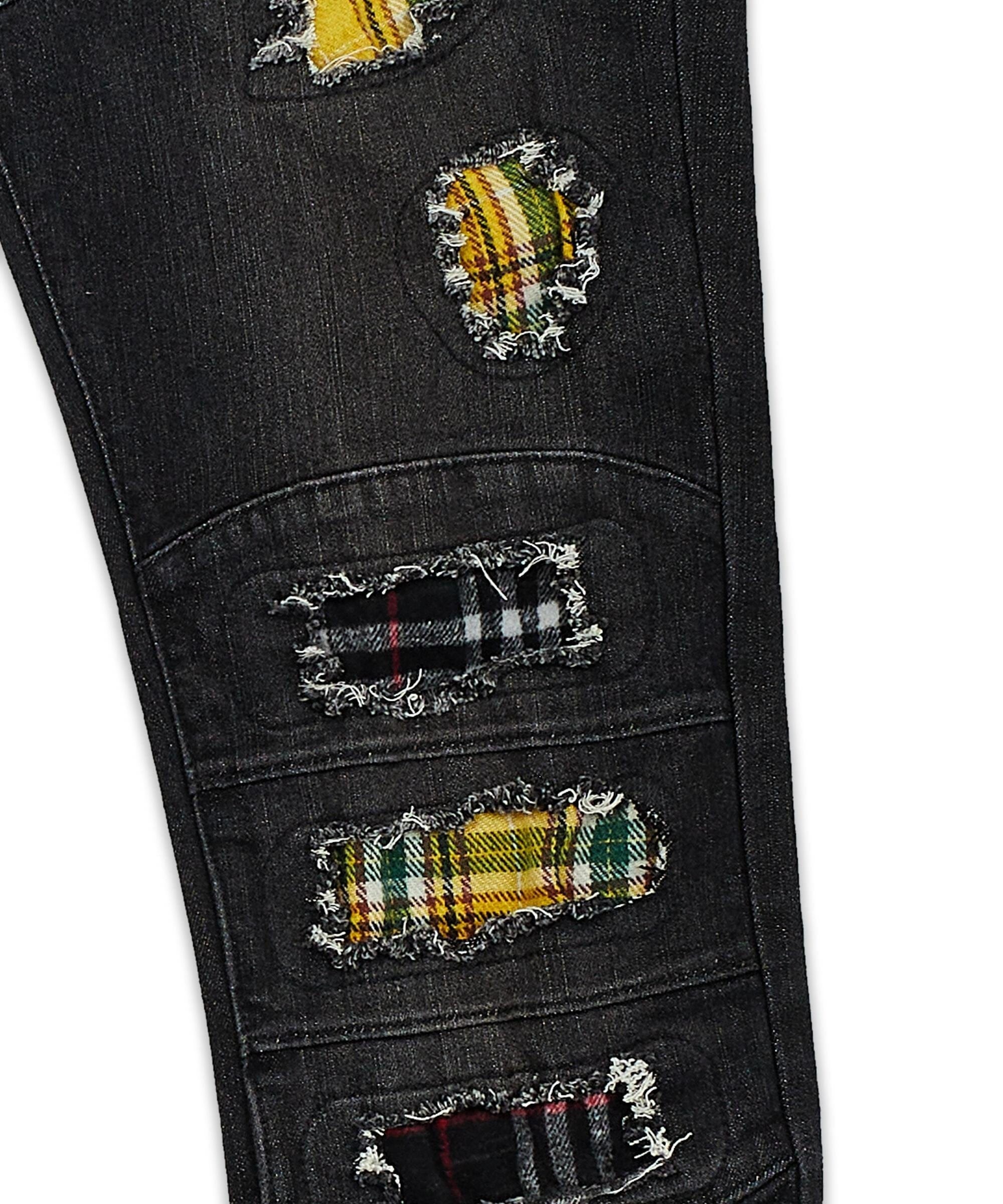 Terrance Flannel Patched Grey Wash Denim Jeans