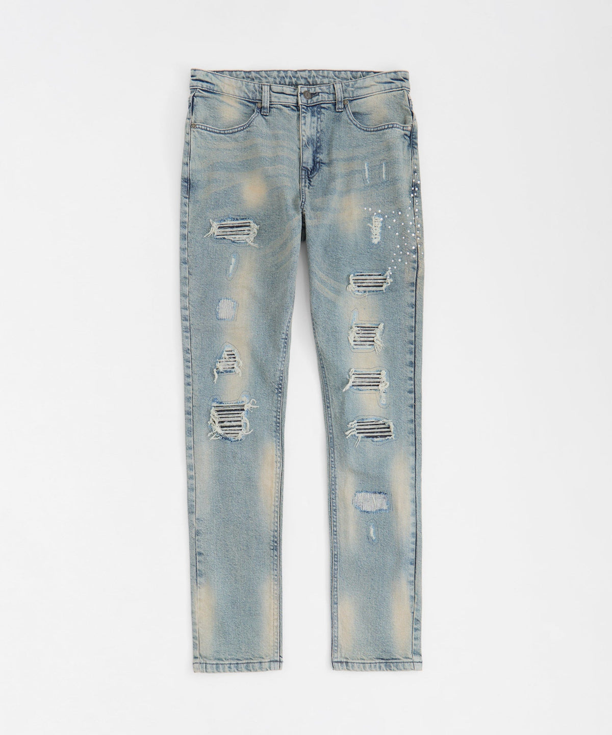 Rhinestone Washed Denim Jeans - Dark Blue