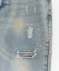 Rhinestone Washed Denim Jeans - Dark Blue