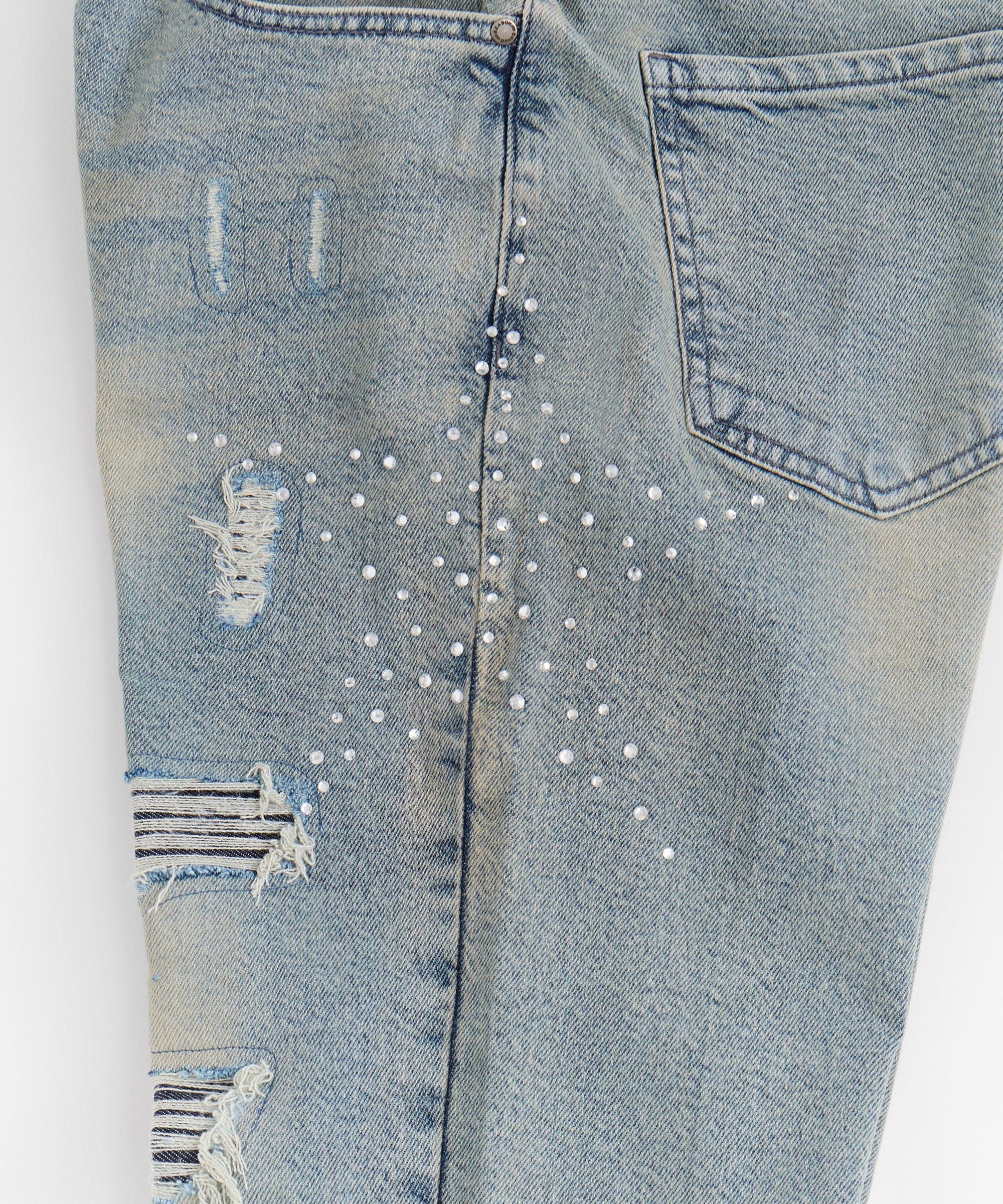 Rhinestone Washed Denim Jeans - Dark Blue