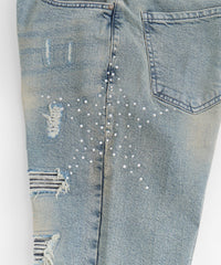 Rhinestone Washed Denim Jeans - Dark Blue
