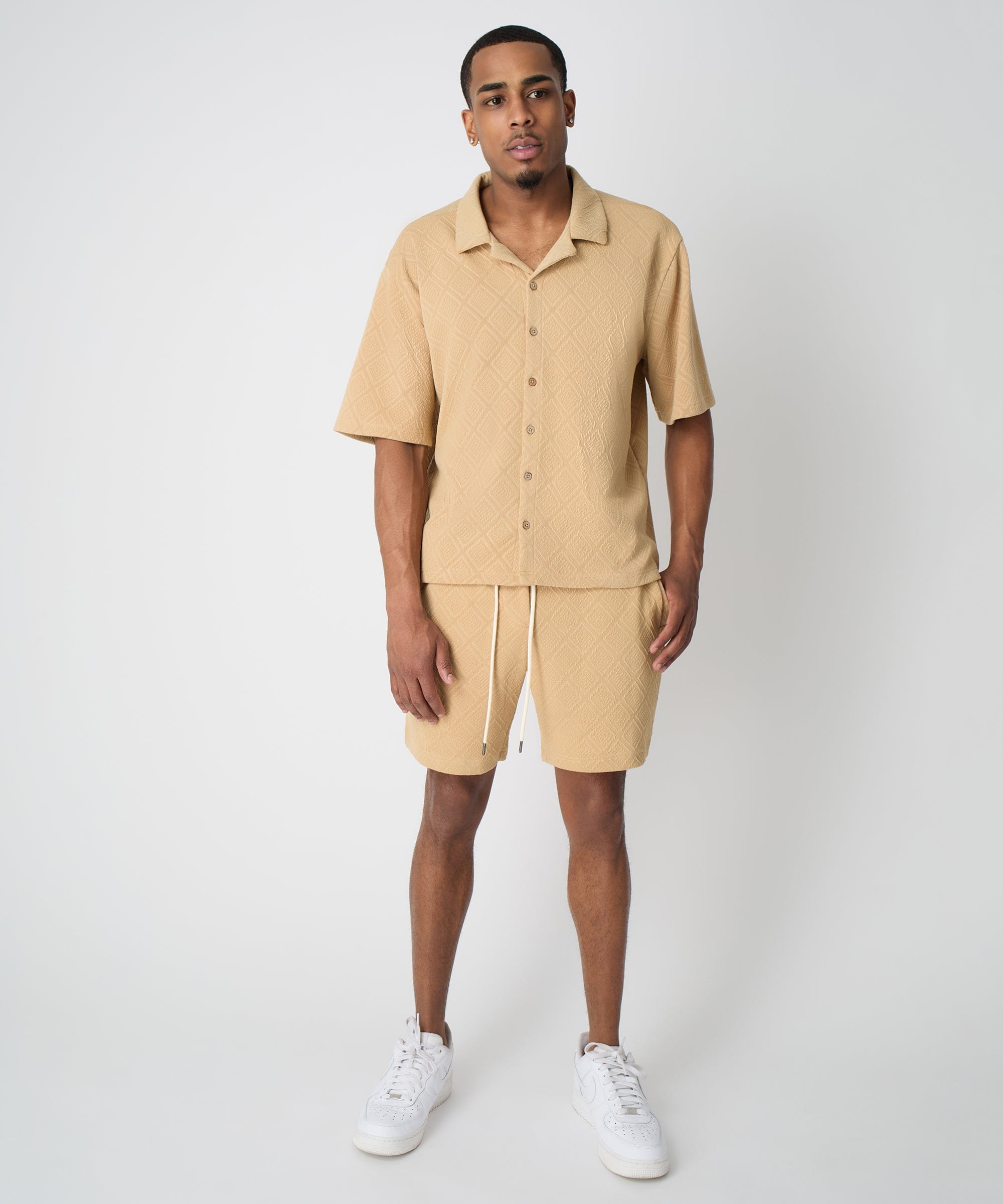 Textured Knit Short Sleeve Button Down Shirt - Taupe