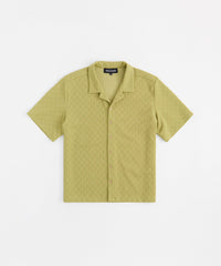Jacquard Textured Knit Short Sleeve Button Down Shirt - Olive Green