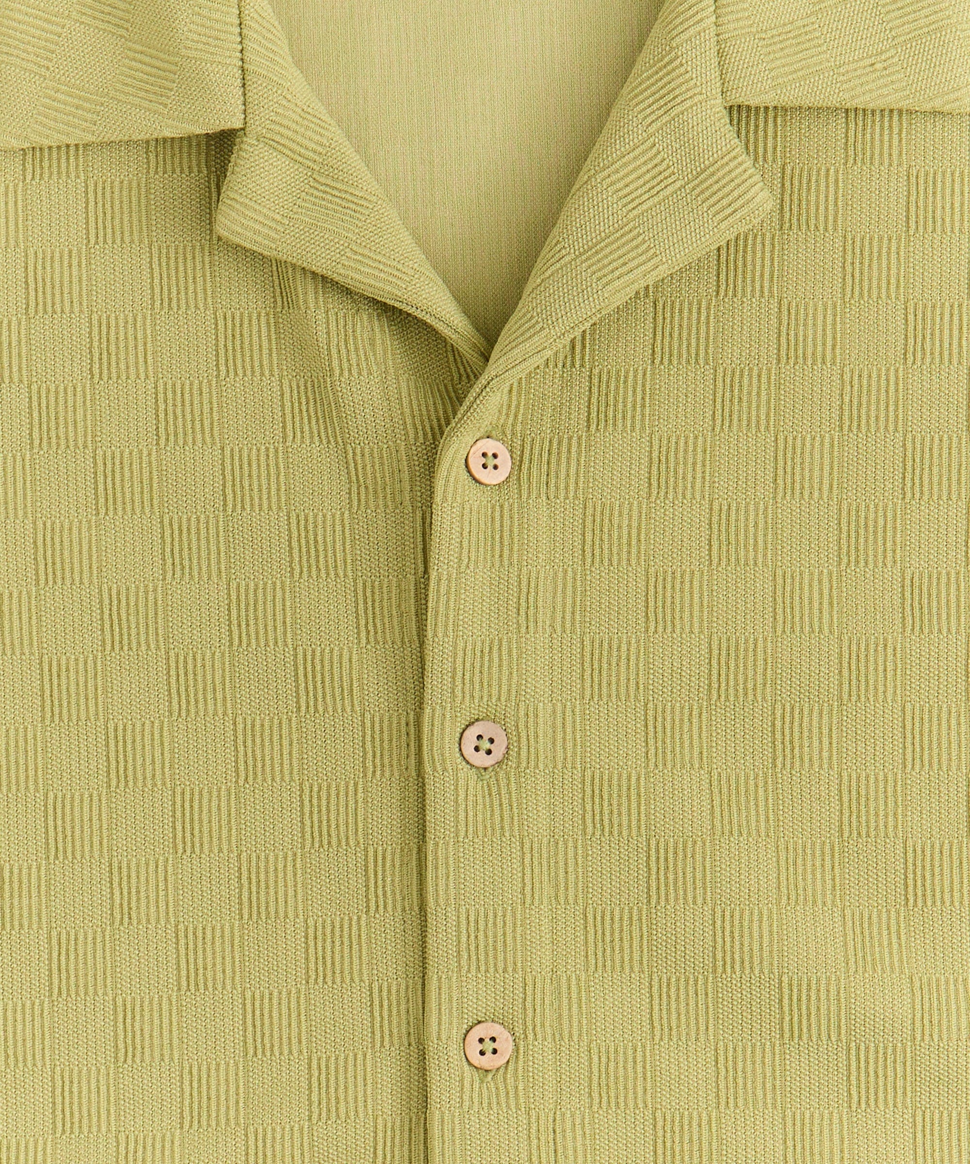 Jacquard Textured Knit Short Sleeve Button Down Shirt - Olive Green