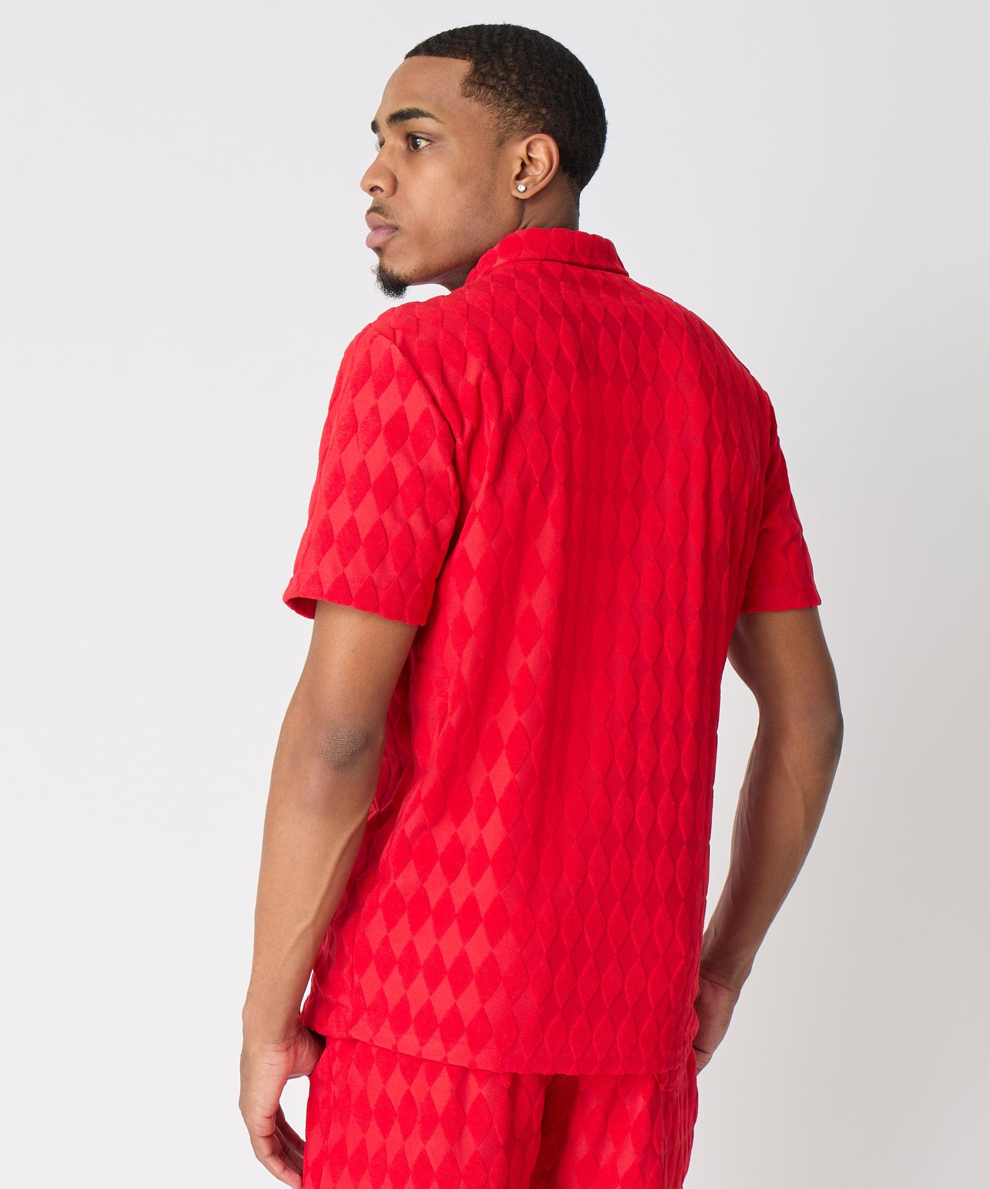 Diamond Plate Towel Color Blocked Short Sleeve Button Down Shirt - Red