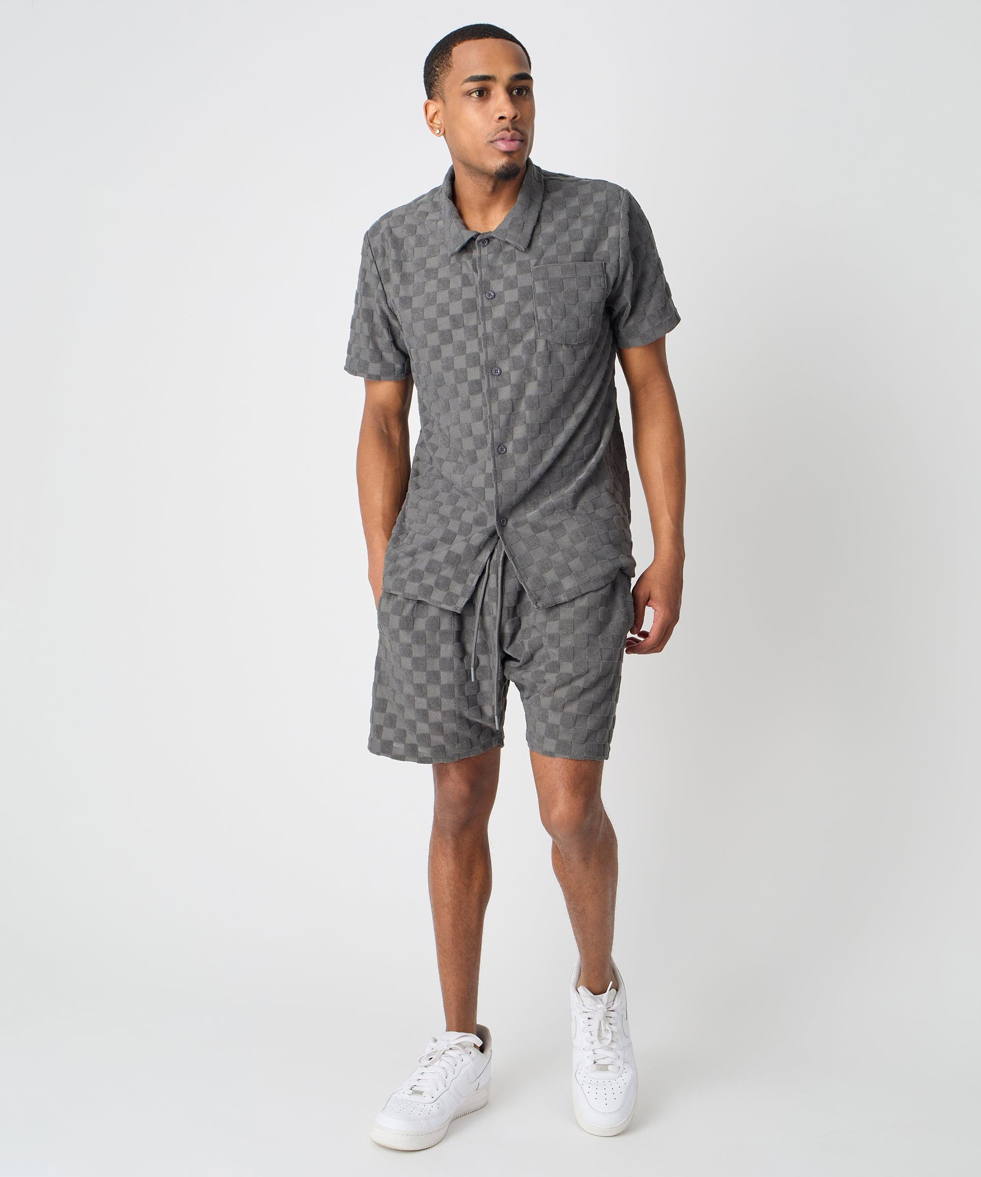 Checkerboard Towel Color Blocked Short Sleeve Button Down Shirt - Grey