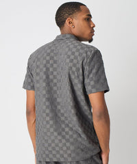 Checkerboard Towel Color Blocked Short Sleeve Button Down Shirt - Grey