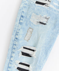 Destroyed Rip and Repair Denim Jeans - Light Blue