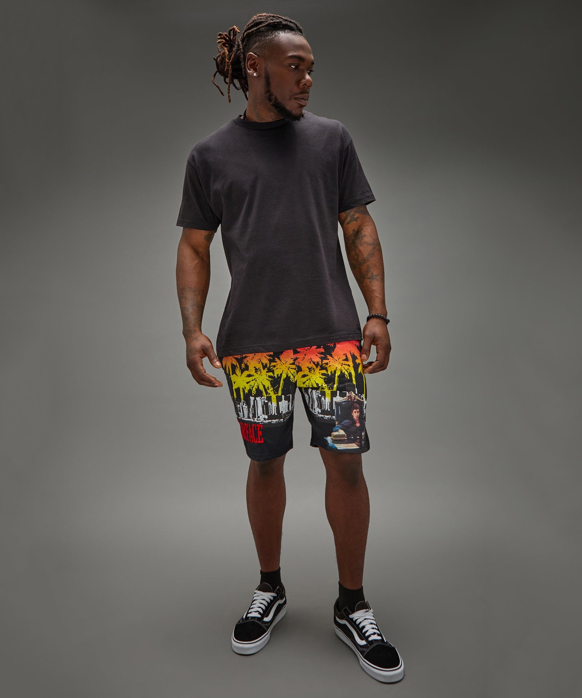 Scarface Palm Tree Embroidered Short - Black